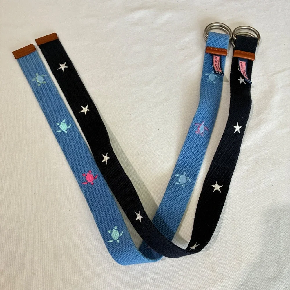 2 Vineyard Vines D-Ring Belts Boys Medium Blue Navy Stars Turtles Preppy Beach